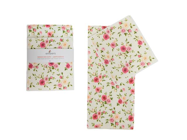 2 PC SWEDISH DISH CLOTH & WAFFLE KITCHEN TOWEL SET (ROSES)