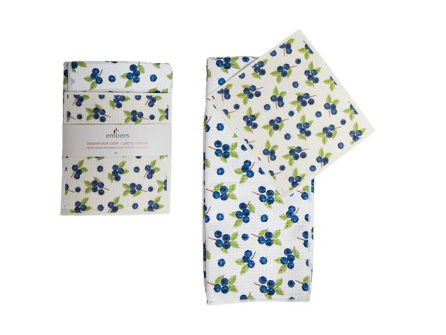 2 PC SWEDISH DISH CLOTH & WAFFLE KITCHEN TOWEL SET (BLUEBERRIES)