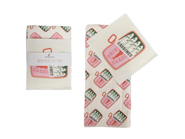 2 PC SWEDISH DISH CLOTH & WAFFLE KITCHEN TOWEL SET (SARDINES)