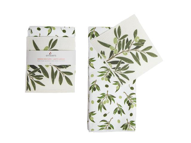 2 PC SWEDISH DISH CLOTH & WAFFLE KITCHEN TOWEL SET (OLIVES)