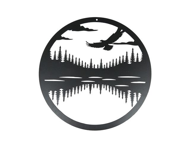METAL BLACK WALL DECOR (EAGLE OVER FOREST LAKE)
