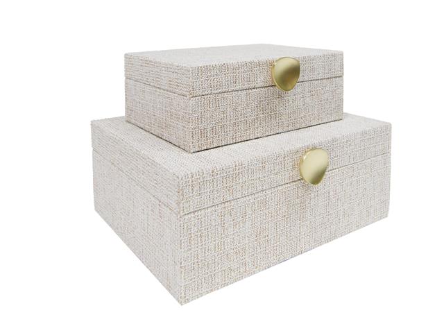 RECT. FABRIC STORAGE BOX WITH GOLD KNOB (SET OF 2) (BEIGE)