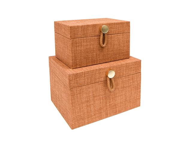RECT. FABRIC STORAGE BOX WITH GOLD KNOB (SET OF 2) (RUST)