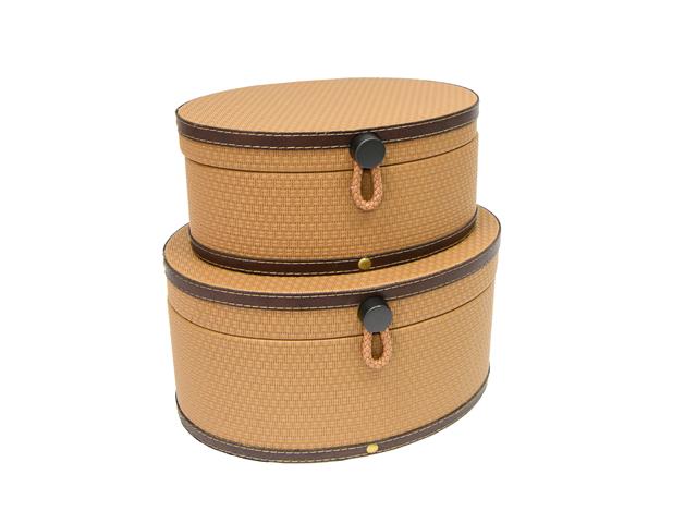 OVAL FABRIC STORAGE BOX WITH BLACK KNOB (SET OF 2) (BROWN)