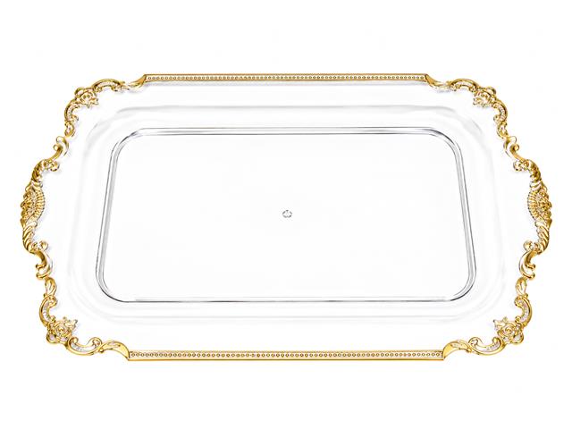 CLEAR ORNATE RECT. SERVING TRAY (GOLD RIM)