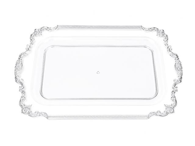 CLEAR ORNATE RECT. SERVING TRAY (SILVER RIM)