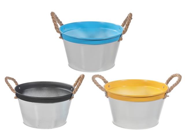 COLOR BLOCK METAL ROUND PLANTER WITH ROPE HANDLE (7.5") (ASSTD)