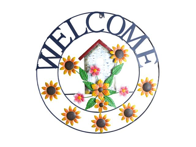 24" METAL WHEEL DÉCOR (SUNFLOWER BIRDHOUSE - WELCOME)