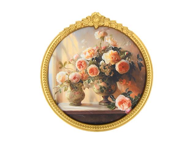 12" X 12.5" ROUND CANVAS WALL ART WITH GOLD FRAME (FLOWERS)