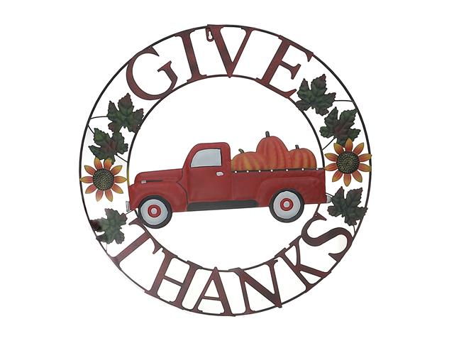24" METAL RED TRUCK WHEEL DÉCOR (GIVE THANKS)