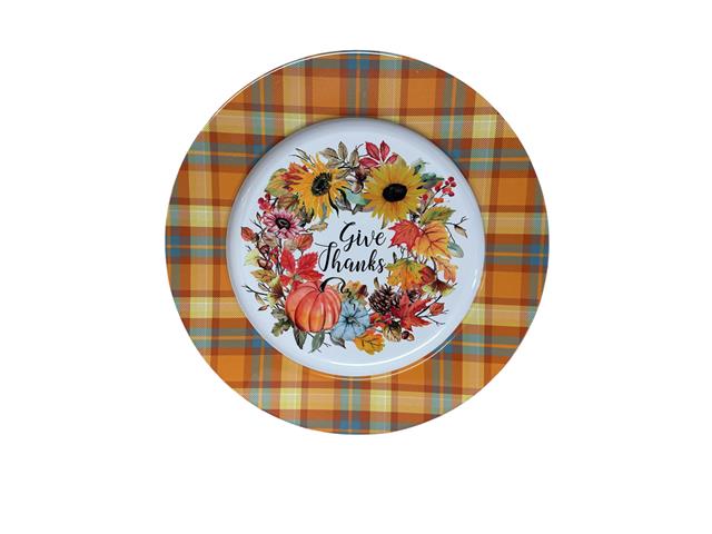 PRINTED METAL CHARGER PLATE (PUMPKIN WREATH WITH BORDER) (13")
