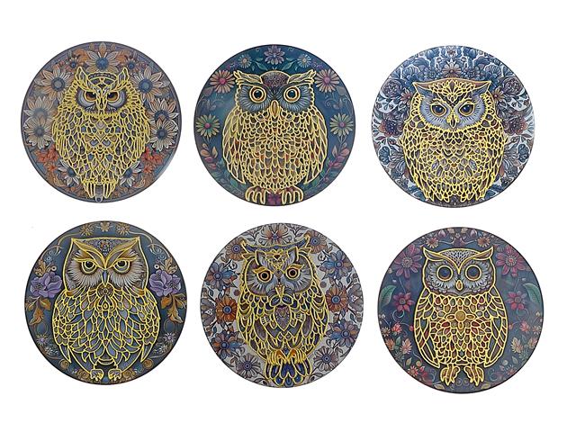 8" ROUND CERAMIC TRIVET (OWL WITH GOLD) (ASSTD.)
