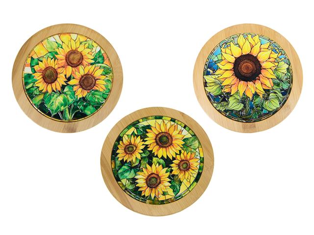 8" EMBOSSED CERAMIC TRIVET WITH BAMBOO EDGE (SUNFLOWER0) (ASSTD)