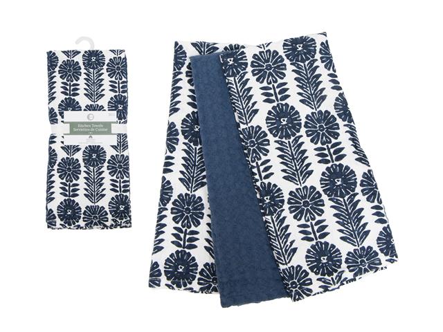 3 PC SET MUSLIN & WAFFLE TEA TOWELS (BLUE) (FLORAL)