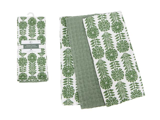 3 PC SET MUSLIN & WAFFLE TEA TOWELS (GREEN) (FLORAL)