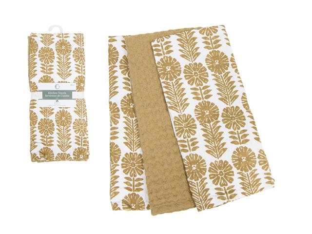 3 PC SET MUSLIN & WAFFLE TEA TOWELS (TAUPE) (FLORAL)