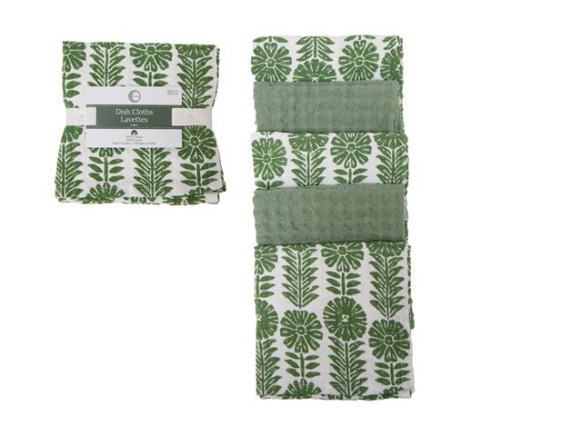 5 PC SET MUSLIN & WAFFLE DISH CLOTH (GREEN) (FLORAL)