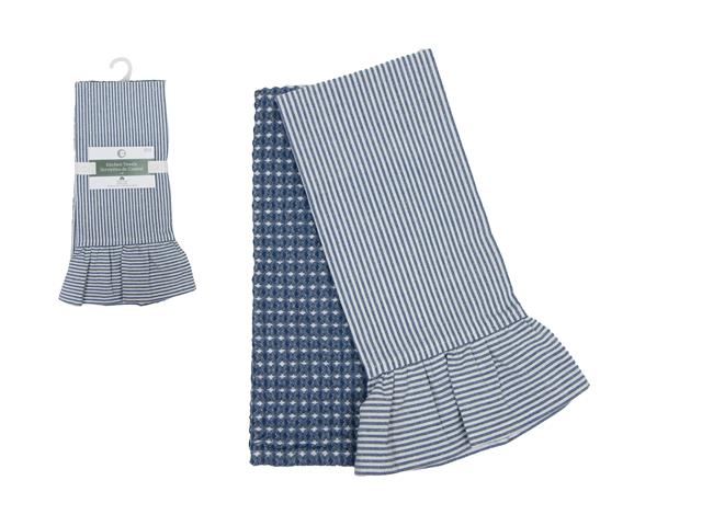 2 PC SET RUFFLE & WAFFLE TEA TOWELS (BLUE) (STRIPES)