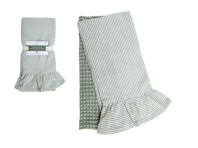 2 PC SET RUFFLE & WAFFLE TEA TOWELS (GREEN) (STRIPES)