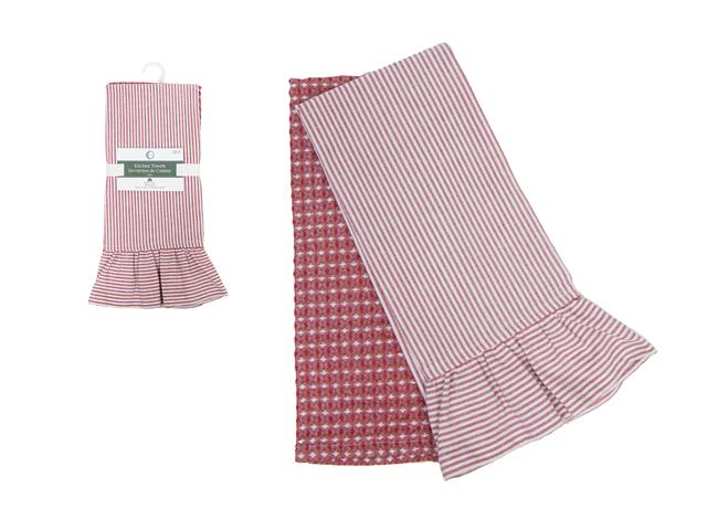 2 PC SET RUFFLE & WAFFLE TEA TOWELS (RED) (STRIPES)