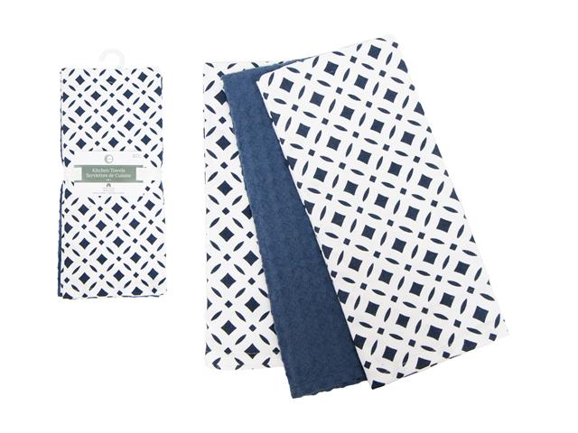 3 PC SET MUSLIN & WAFFLE TEA TOWELS (BLUE) (DIAMONDS)
