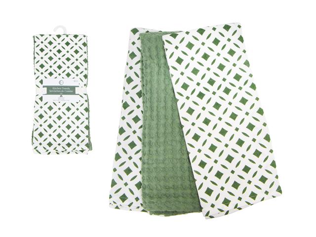 3 PC SET MUSLIN & WAFFLE TEA TOWELS (GREEN) (DIAMONDS)
