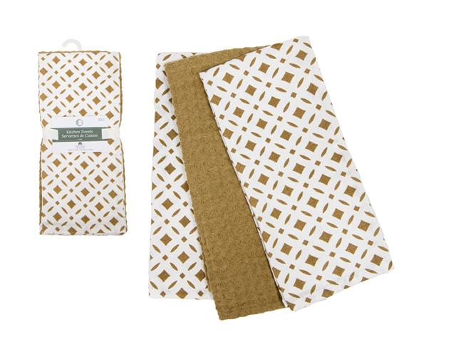 3 PC SET MUSLIN & WAFFLE TEA TOWELS (TAUPE) (DIAMONDS)