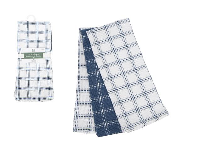 3 PC SET BASKET WEAVE TEA TOWELS (BLUE) (CHECKERED)