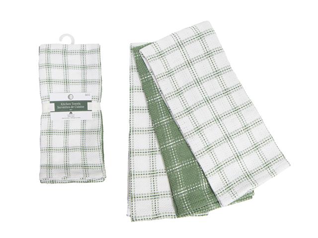 3 PC SET BASKET WEAVE TEA TOWELS (GREEN) (CHECKERED)