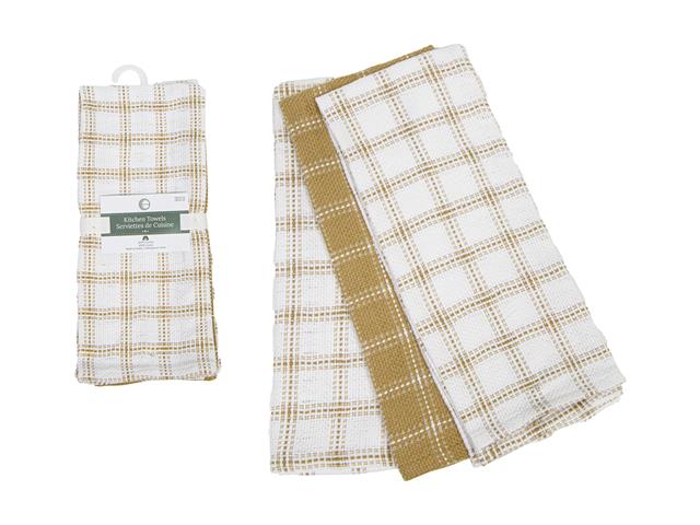 3 PC SET BASKET WEAVE TEA TOWELS (TAUPE) (CHECKERED)