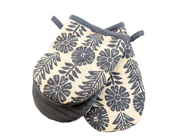 2 PC SET MINI COTTON OVEN MITT W SILICONE (BLUE) (FLORAL)