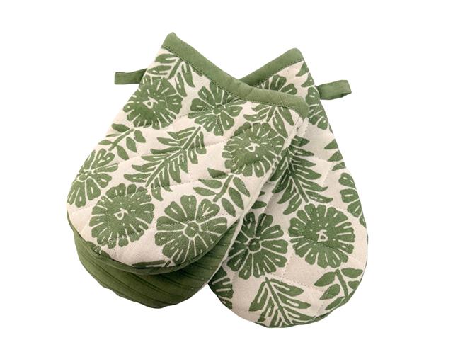 2 PC SET MINI COTTON OVEN MITT W SILICONE (GREEN) (FLORAL)