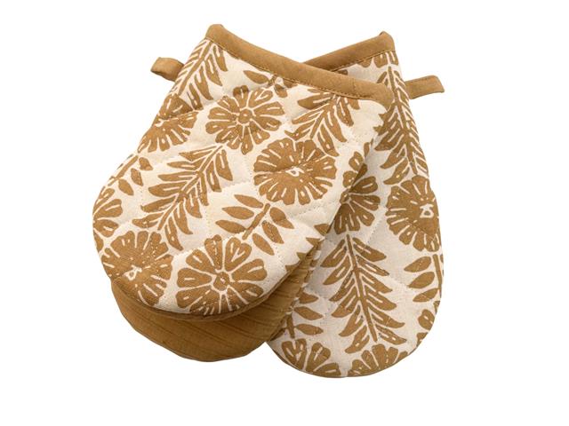 2 PC SET MINI COTTON OVEN MITT W SILICONE (TAUPE) (FLORAL)