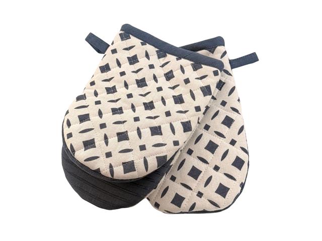 2 PC SET MINI COTTON OVEN MITT W SILICONE (BLUE) (DIAMONDS)