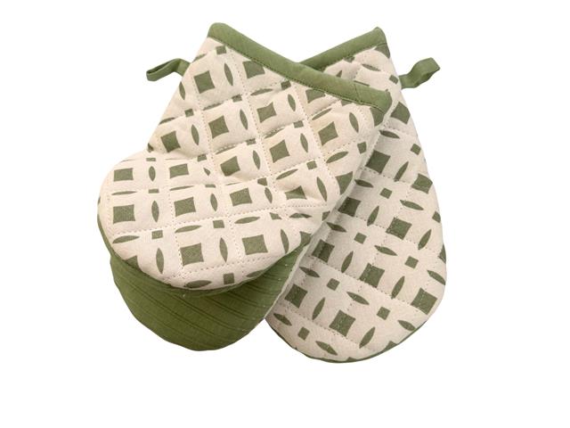 2 PC SET MINI COTTON OVEN MITT W SILICONE (GREEN) (DIAMONDS)