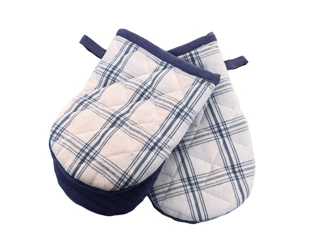 2 PC SET MINI COTTON OVEN MITT W SILICONE (BLUE) (CHECKERED)