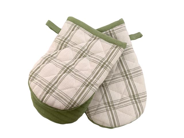2 PC SET MINI COTTON OVEN MITT W SILICONE (GREEN) (CHECKERED)