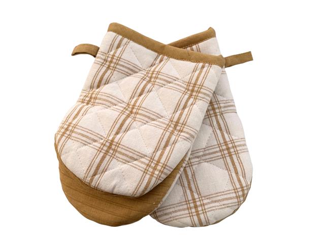 2 PC SET MINI COTTON OVEN MITT W SILICONE (TAUPE) (CHECKERED)