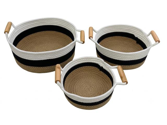 S/3 TRI TONE COTTON BASKET WITH WOOD HANDLE