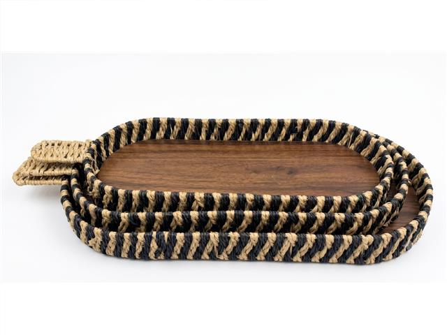 S/3 OVAL WOVEN TRAY WITH HANDLE (BLACK/BEIGE)
