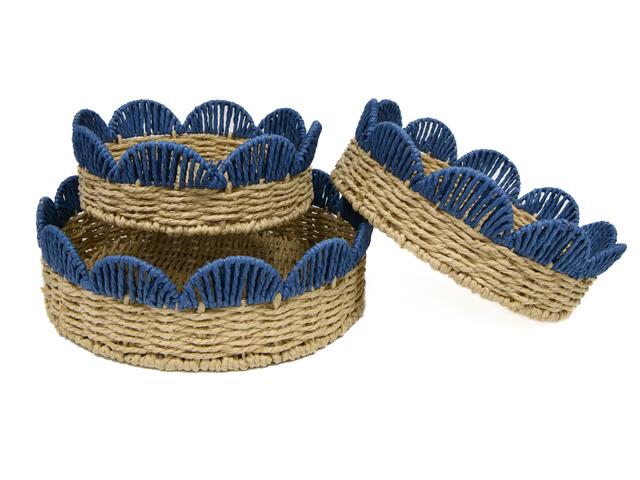 3 PC PAPER ROPE ROUND TRAY WITH SCALLOP EDGE (BLUE)