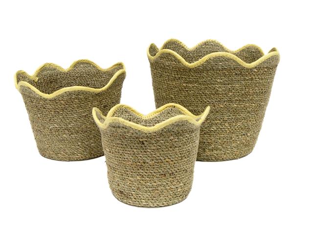 3 PC NATURAL GRASS BASKET WITH SCALLOP EDGE