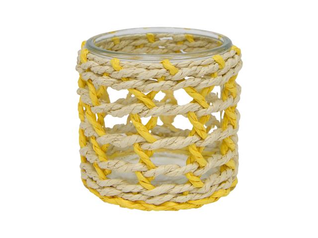 4" X 4" YELLOW PAPER ROPE GLASS CANDLE HOLDER