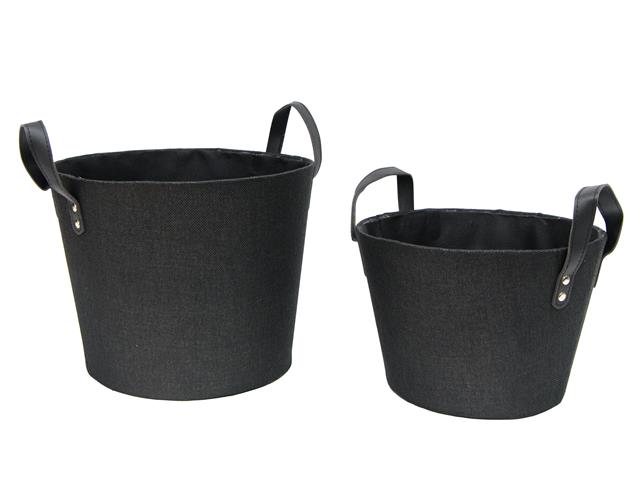 2 PC ROUND TAPERED FABRIC BASKET WITH HANDLES (BLACK)