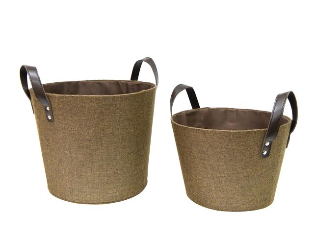 2 PC ROUND TAPERED FABRIC BASKET WITH HANDLES (BROWN)