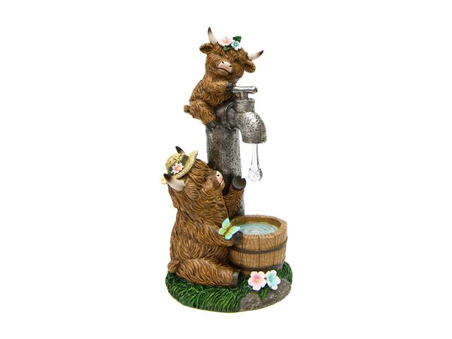 11" SOLAR POWER POLYRESIN HIGHLAND COWS WITH TAP WATER