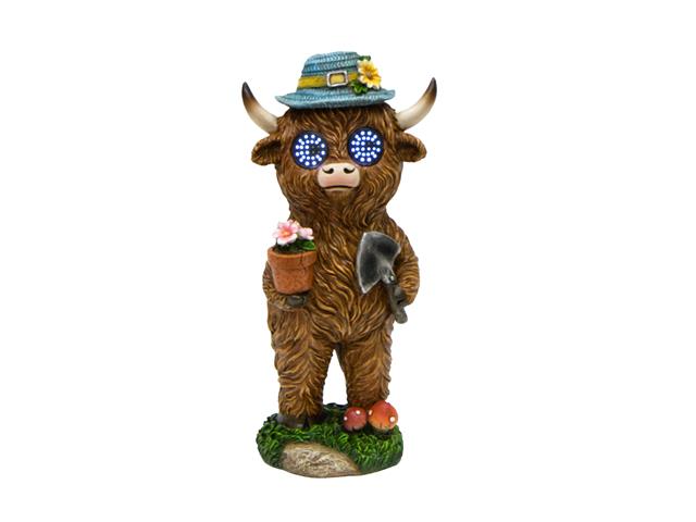 12.75" SOLAR POWER POLYRESIN HIGHLAND COW WITH SHOVEL