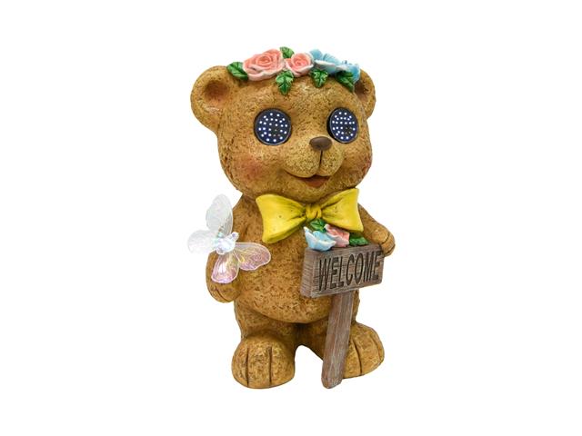 10.5" SOLAR POWER POLYRESIN BEAR WITH WELCOME SIGN