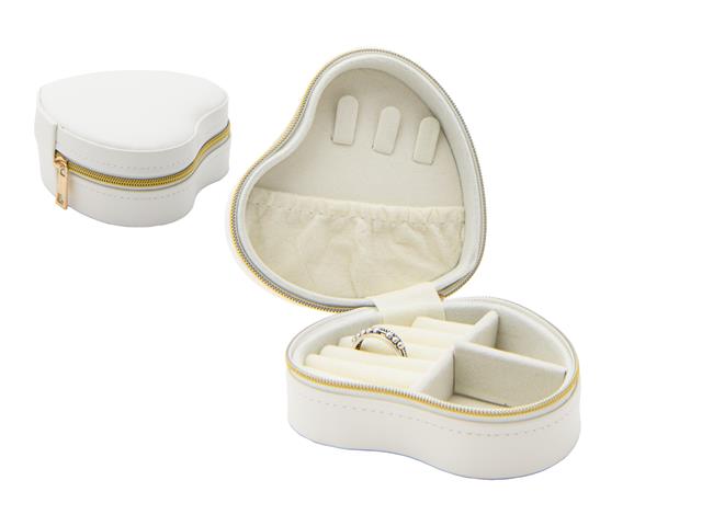 HEART SHAPED TRAVEL JEWELRY BOX WITH ZIPPER (CREAM)