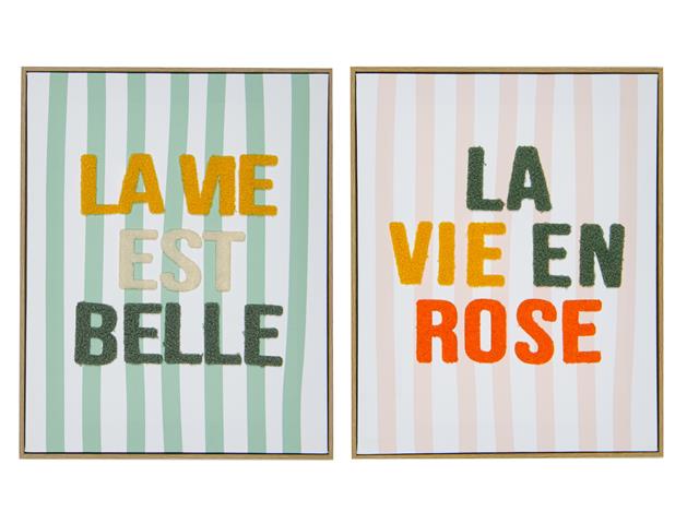 FRAMED EMB. CANVAS WALL ART (LA VIE EST BELLE) (ASSTD)